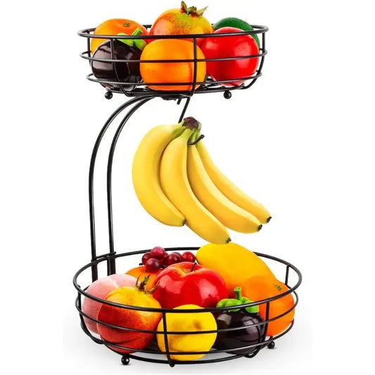2-Tier Metal Countertop Fruit & Vegetable Basket with Removable Banana Hanger