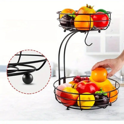 2-Tier Metal Countertop Fruit & Vegetable Basket with Removable Banana Hanger