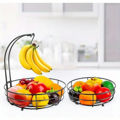 2-Tier Metal Countertop Fruit & Vegetable Basket with Removable Banana Hanger