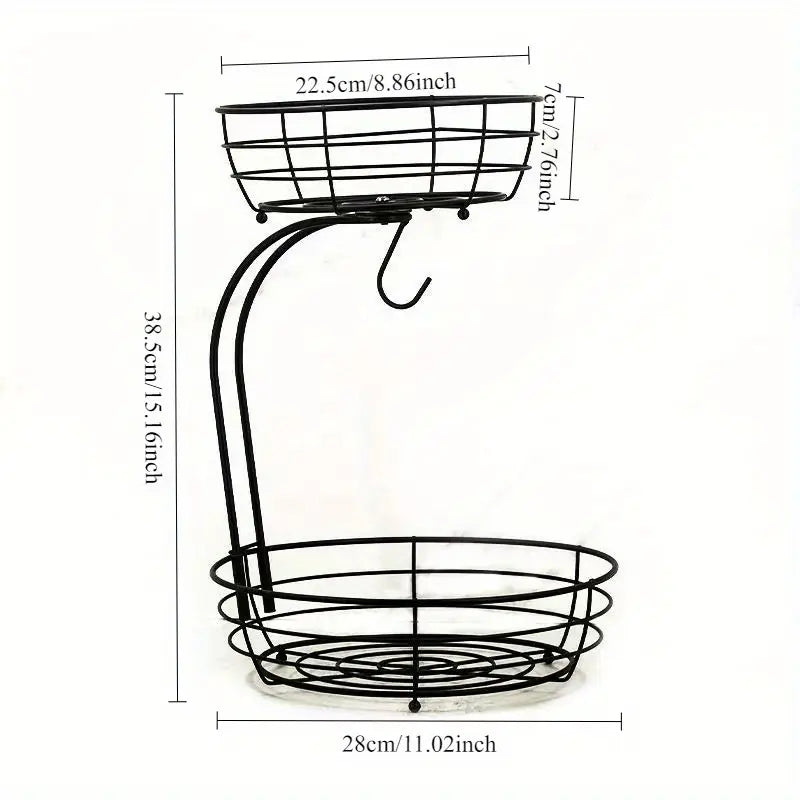 2-Tier Metal Countertop Fruit & Vegetable Basket with Removable Banana Hanger