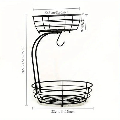 2-Tier Metal Countertop Fruit & Vegetable Basket with Removable Banana Hanger