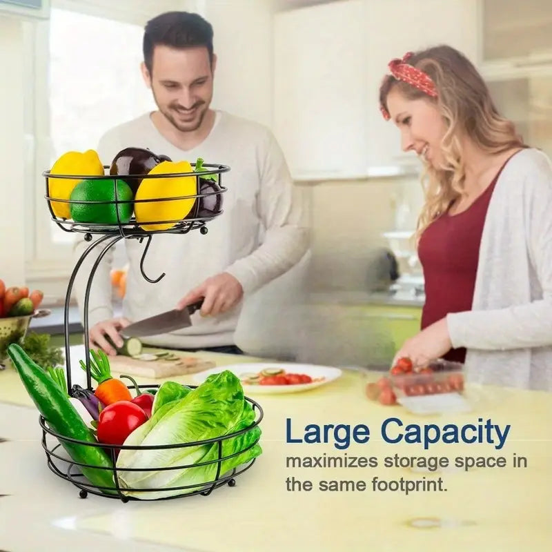 2-Tier Metal Countertop Fruit & Vegetable Basket with Removable Banana Hanger